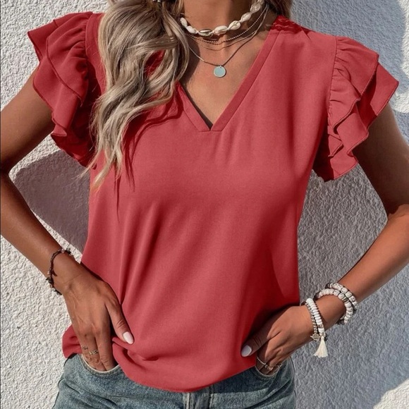 Elegant Classy Green Tiered Ruffle Butterfly Sleeve Top Blouse - Picture 11 of 11